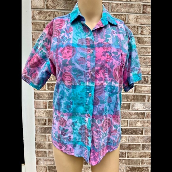 Vintage 90s Floral Abstract Button Down Shirt - Picture 4 of 8